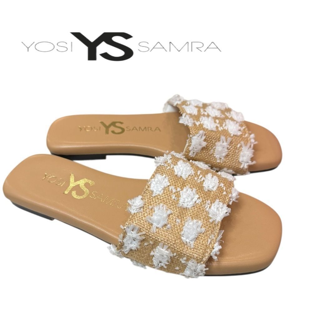 New Yosi Samra Miss Reese White Pom Raffia Slide Sandals 12 12C